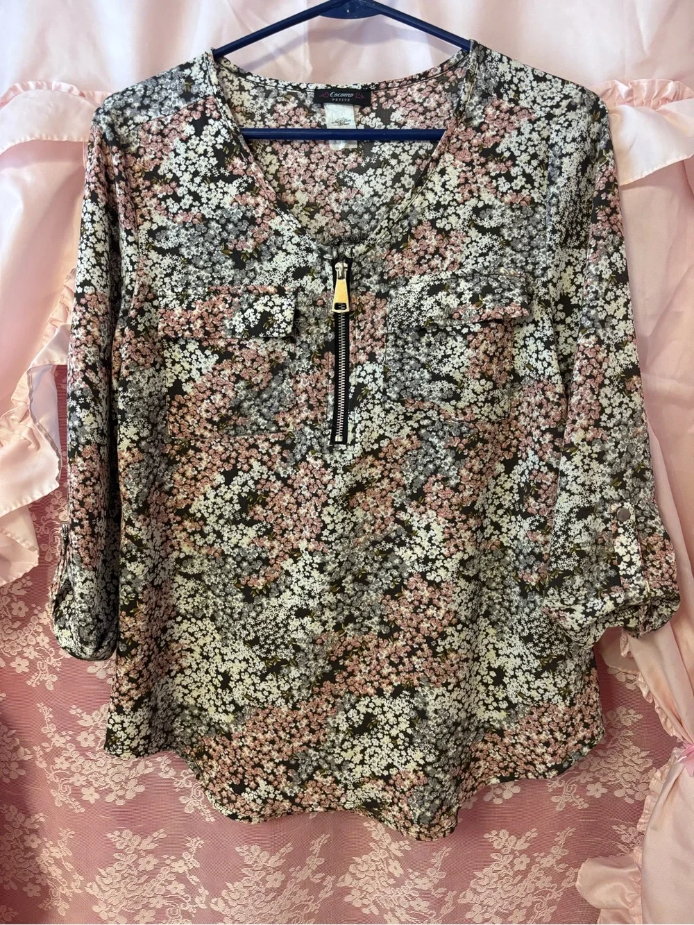 Cocomo Black Pink Cream Floral Zip-Front Blouse - Picture 1 of 5